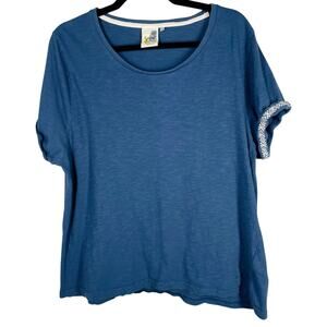 Weird Fish, Size 20, Teal Blue Organic Cotton T-Shirt, Embroidered Cuffs, Slub